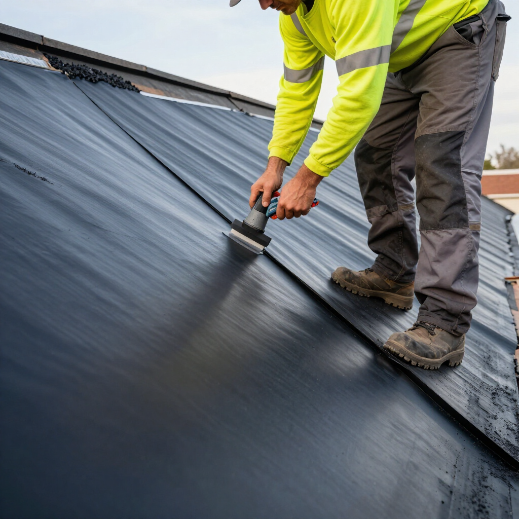 A worker in a high-visibility yellow long-sleeve shirt uses a handheld tool to seal a black roofing membrane on a roof.