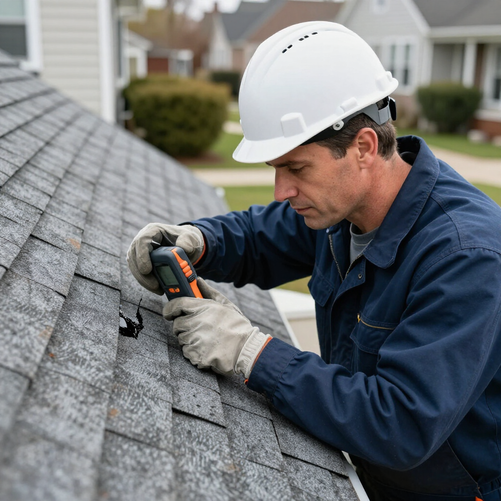 A professional in a hard hat and gloves uses a moisture meter to inspect shingles on a residential roof.