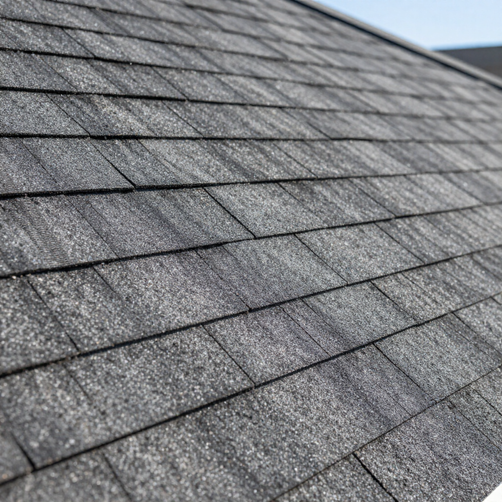 A close-up, angled view of dark grey asphalt shingles on a sloped residential roof.
