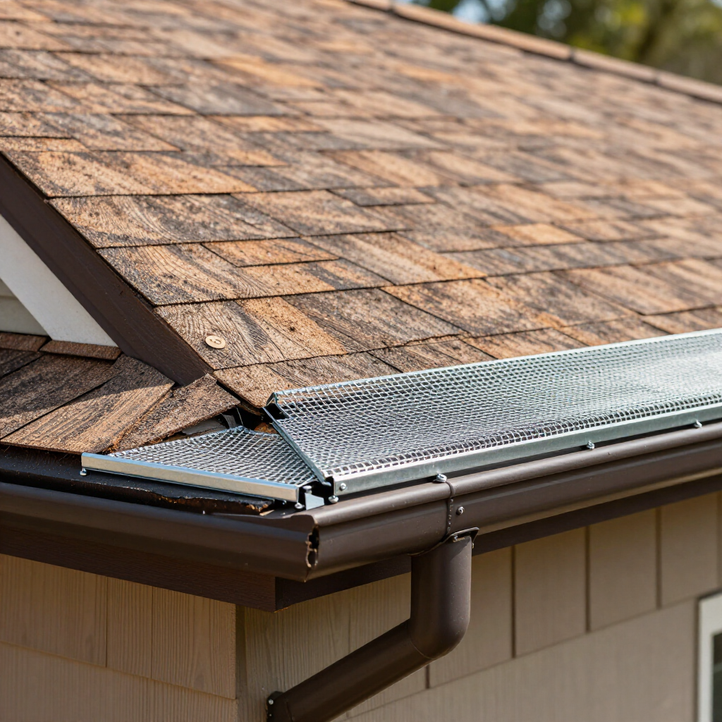 A brown roof with asphalt shingles and a brown gutter equipped with a metal mesh gutter guard.