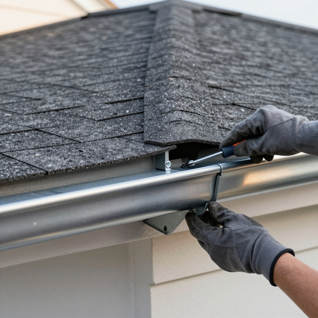 A person in grey work gloves uses a screwdriver to install or repair a silver metal gutter on a shingled roof.