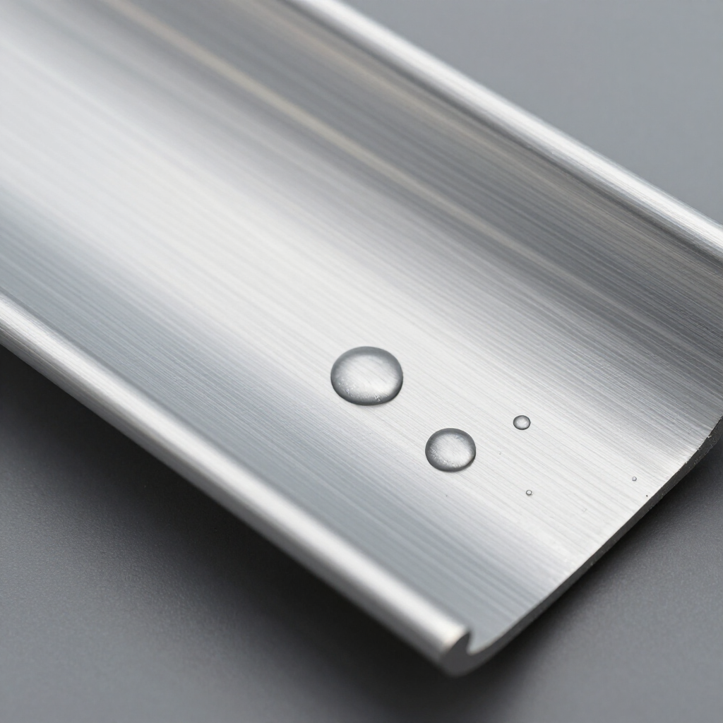 A close-up view of a brushed metal handle with water droplets on its surface against a grey background.