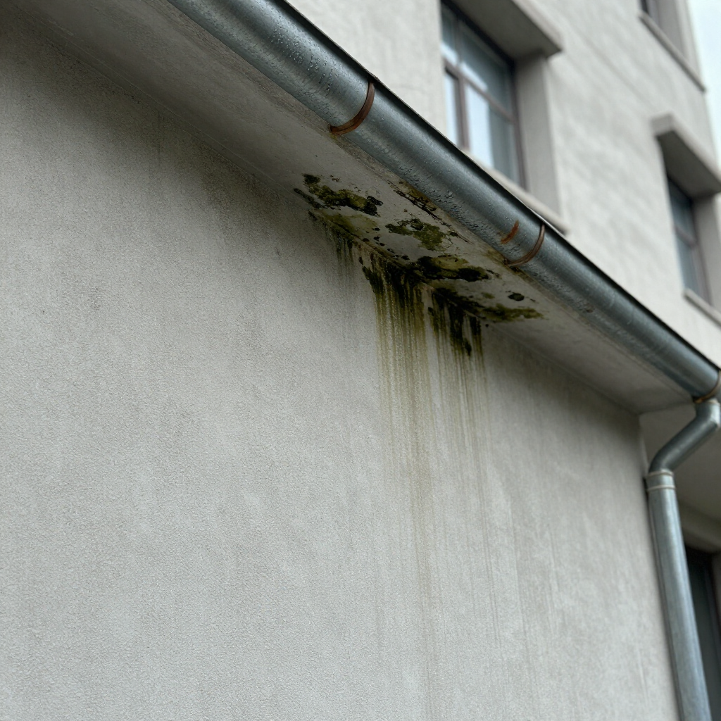 Staining and moss growth on the exterior wall of a building, directly beneath a leaking metal gutter seam.