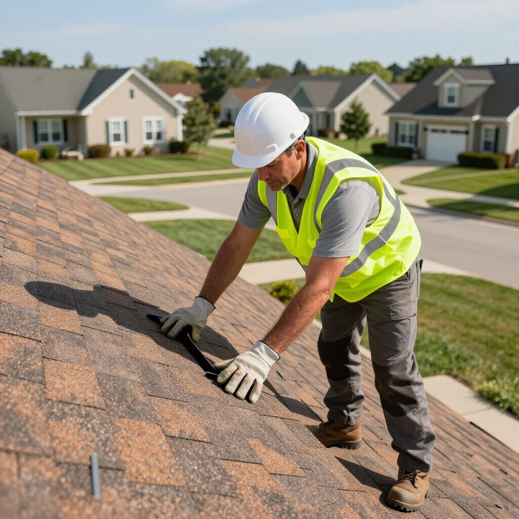 A worker in a high-visibility vest and hard hat inspects shingles on a residential roof.
