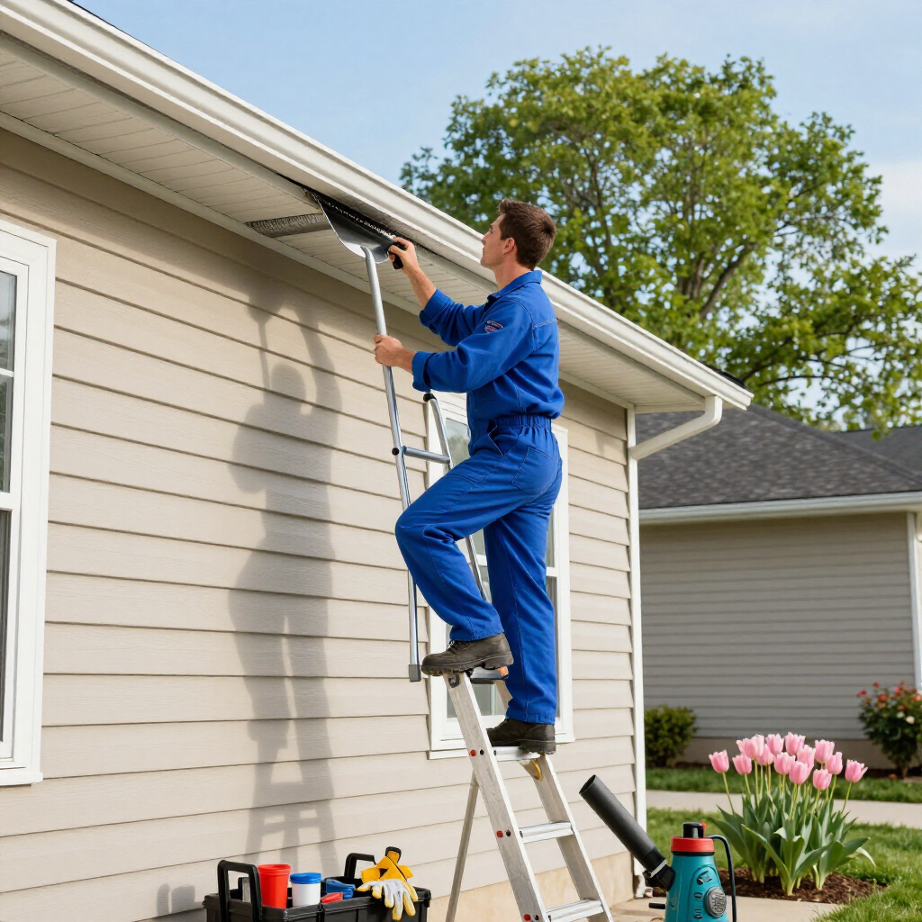 A person in a blue jumpsuit stands on a ladder, using a long tool to clean debris from the roof gutters of a house.