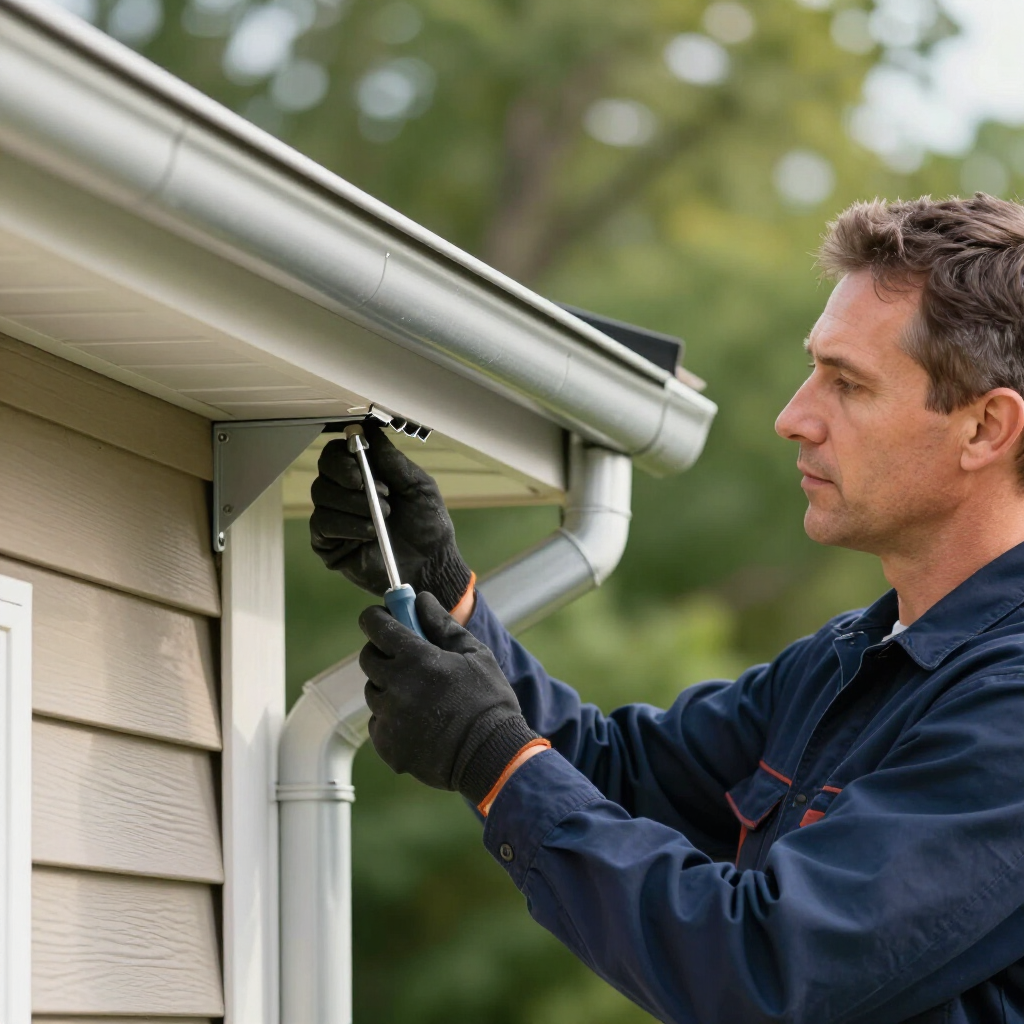 A professional installing a metal gutter bracket on the side of a house using a screwdriver.
