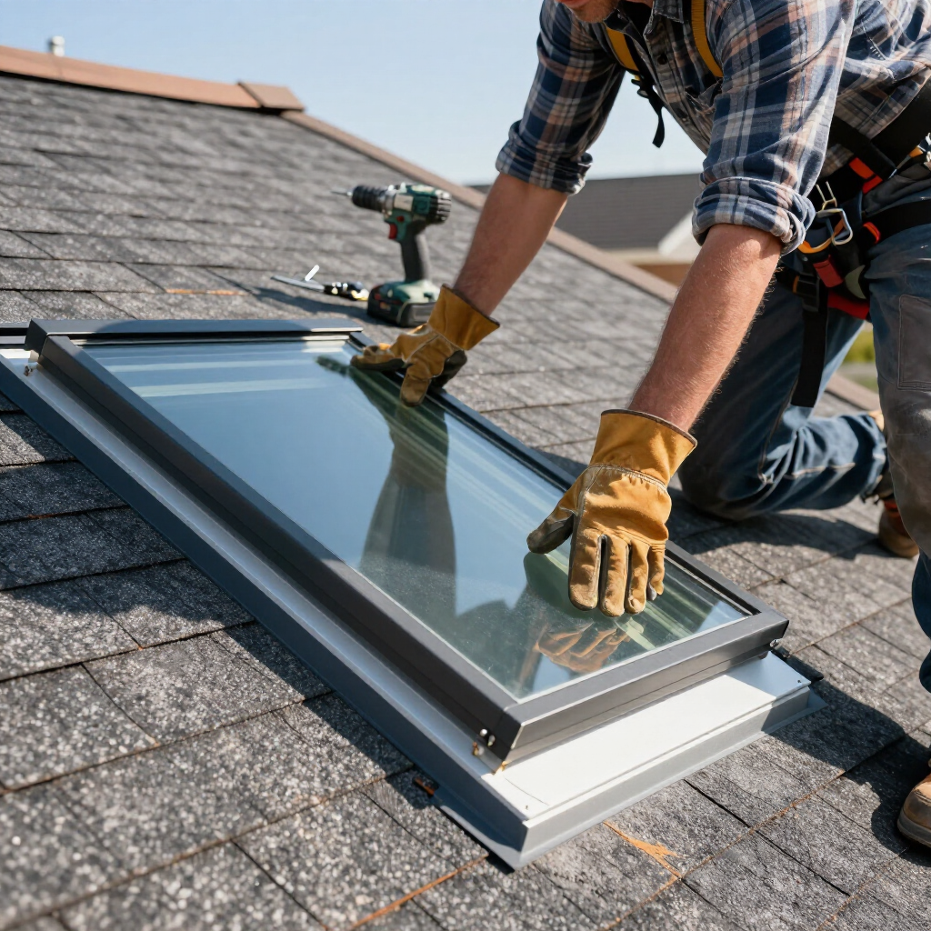 A person wearing gloves and a safety harness installs a skylight into a shingled roof with a drill nearby.