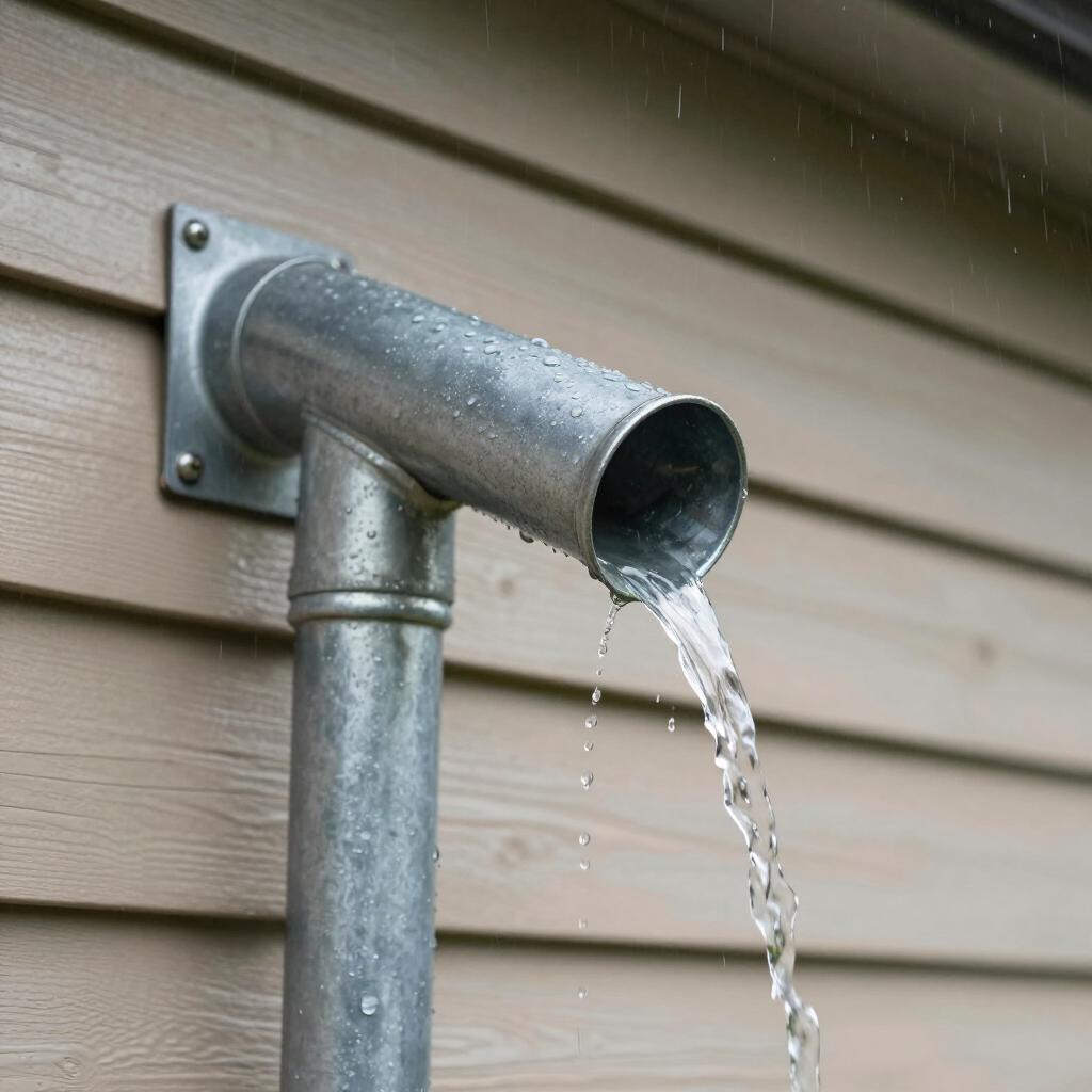 Rainwater pours from a galvanized metal downspout mounted against light brown horizontal wood siding.
