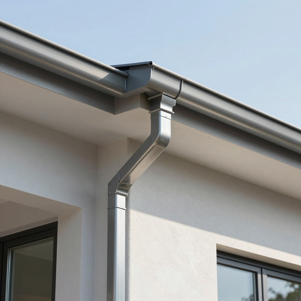A modern silver metal gutter system installed on the white exterior wall of a building.