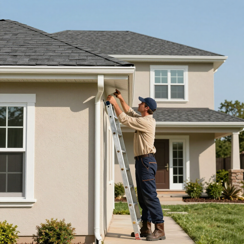 A person in a tan shirt and dark pants stands on a ladder, repairing the gutters on the side of a two-story house.