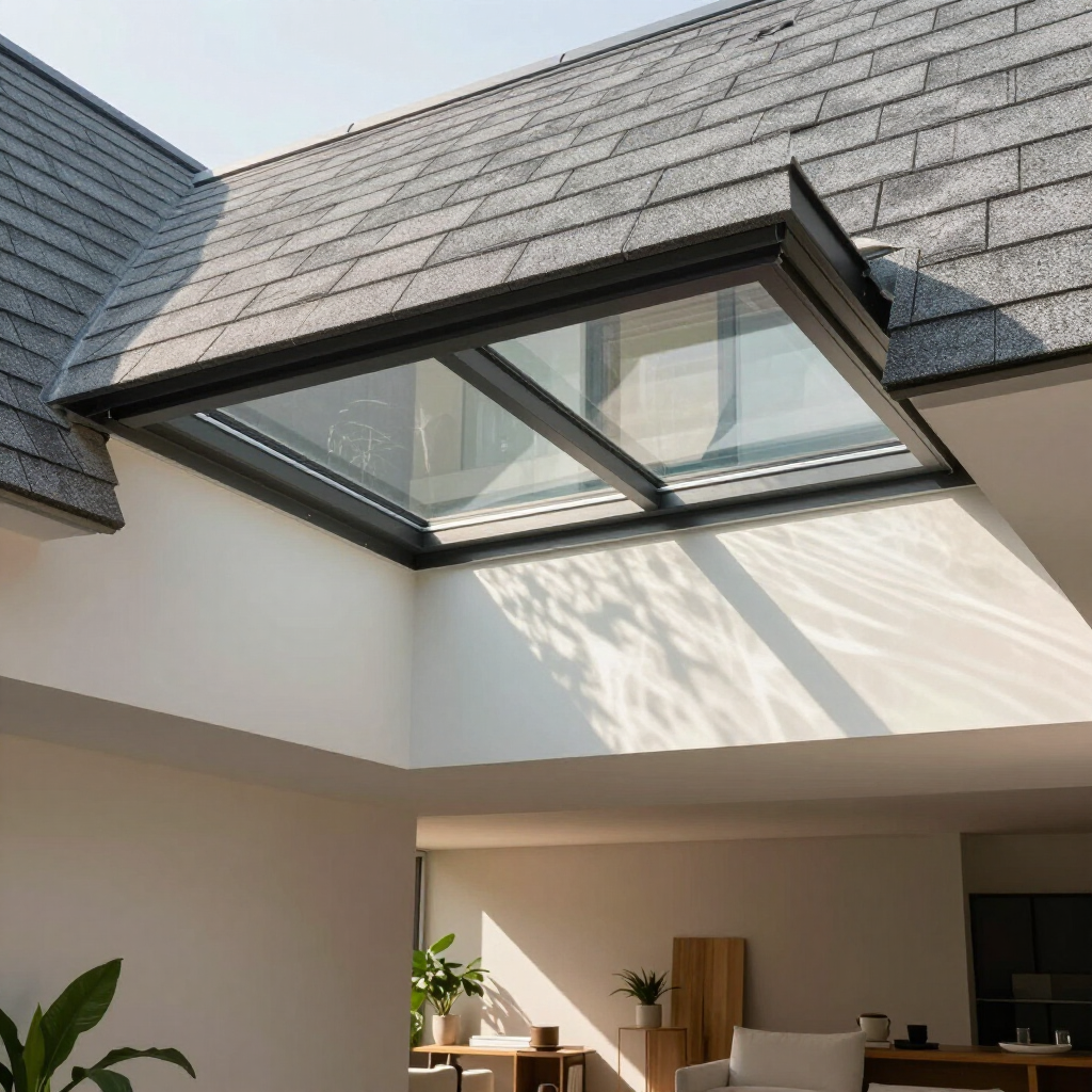 A modern room with a large, rectangular skylight integrated into the sloped roof, casting bright sunlight on white walls.
