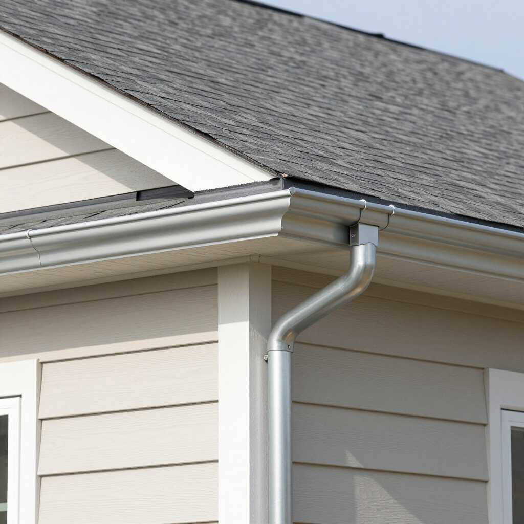 A close-up of a house corner showing beige lap siding, a grey shingled roof, and a white metal gutter with a downspout.