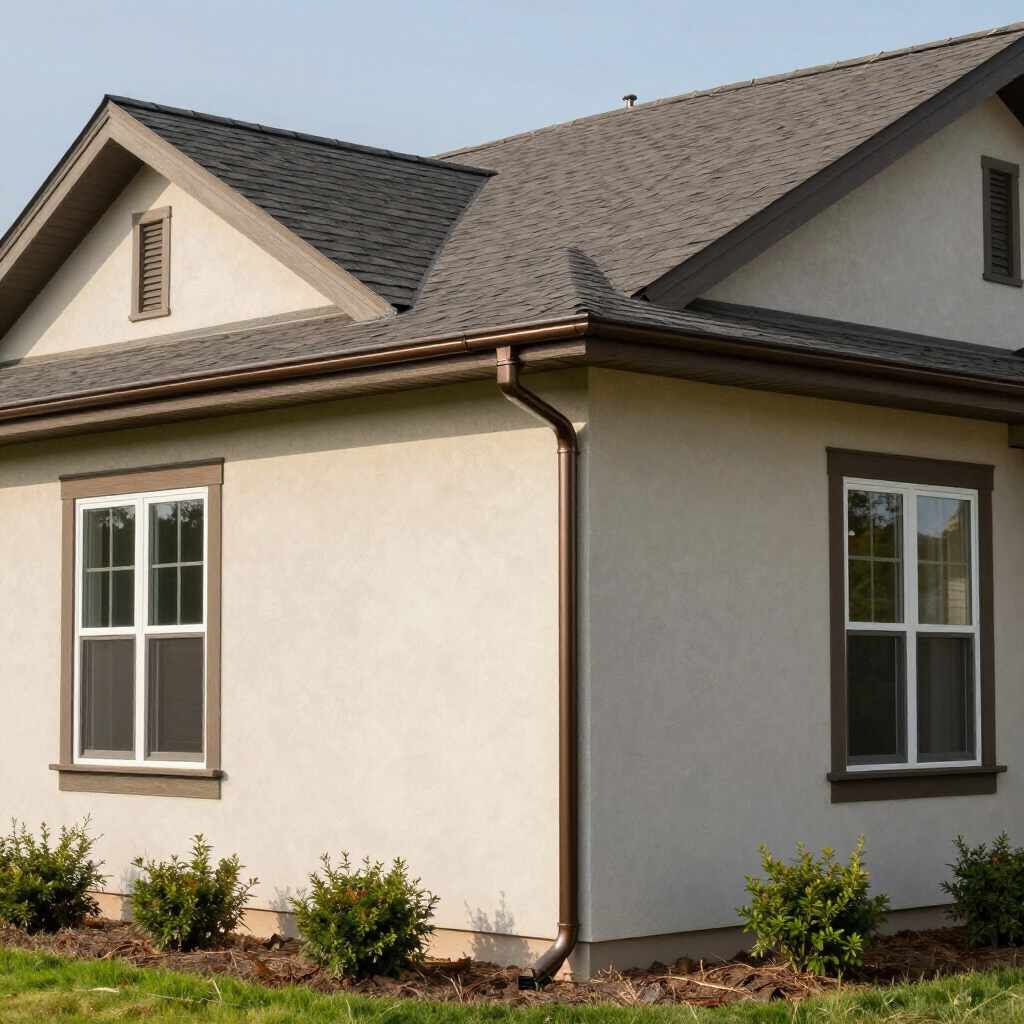A side view of a modern house with beige stucco walls, dark brown trim, and a shingled roof, surrounded by small bushes.