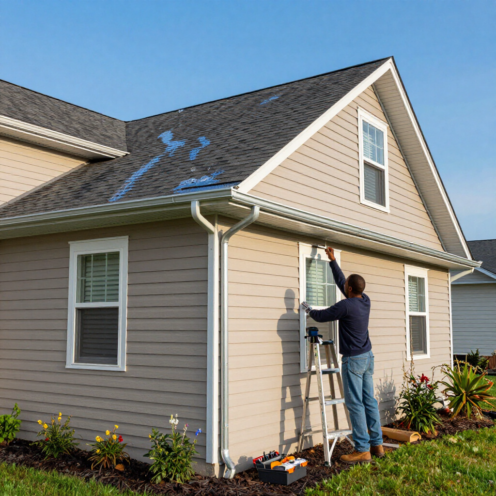 A person stands on a ladder, installing or repairing trim around a window on the side of a beige-sided house.