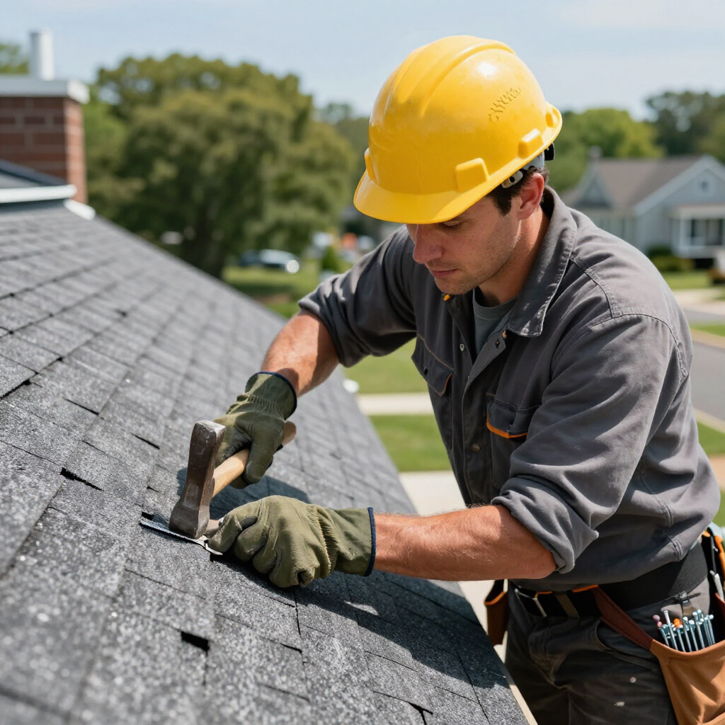 A construction worker in a yellow hard hat and gloves uses a hammer to install asphalt shingles on a sloped roof.