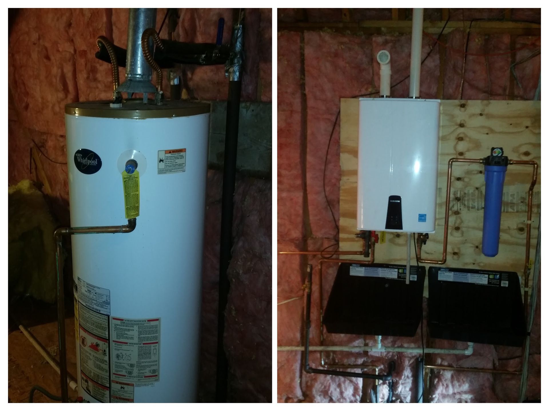 Water heater and wall-mounted boiler in an unfinished basement, with exposed insulation and pipes.