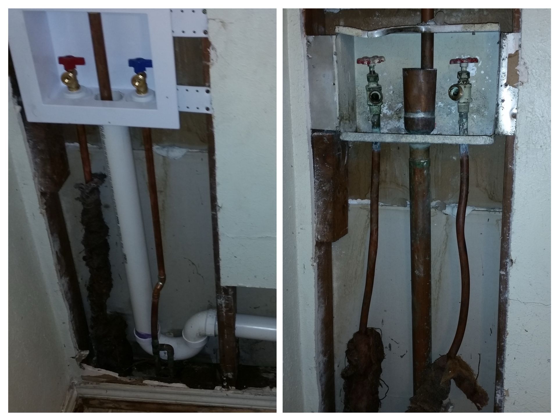 Exposed bathroom plumbing behind a wall, with pipes and valves visible in a narrow renovation space.