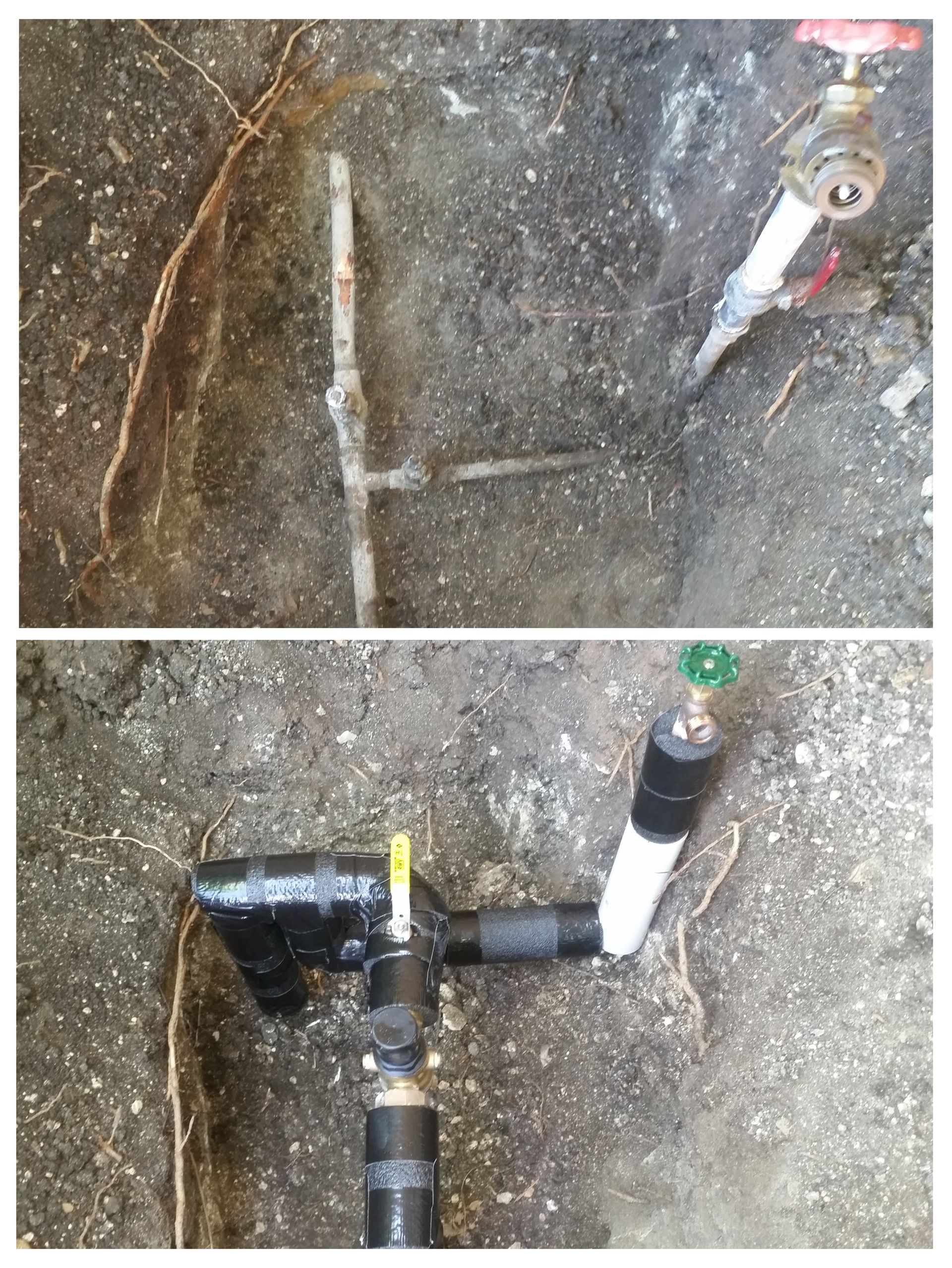 Damaged underground pipe with soil and exposed black PVC plumbing connections, one with a green cap