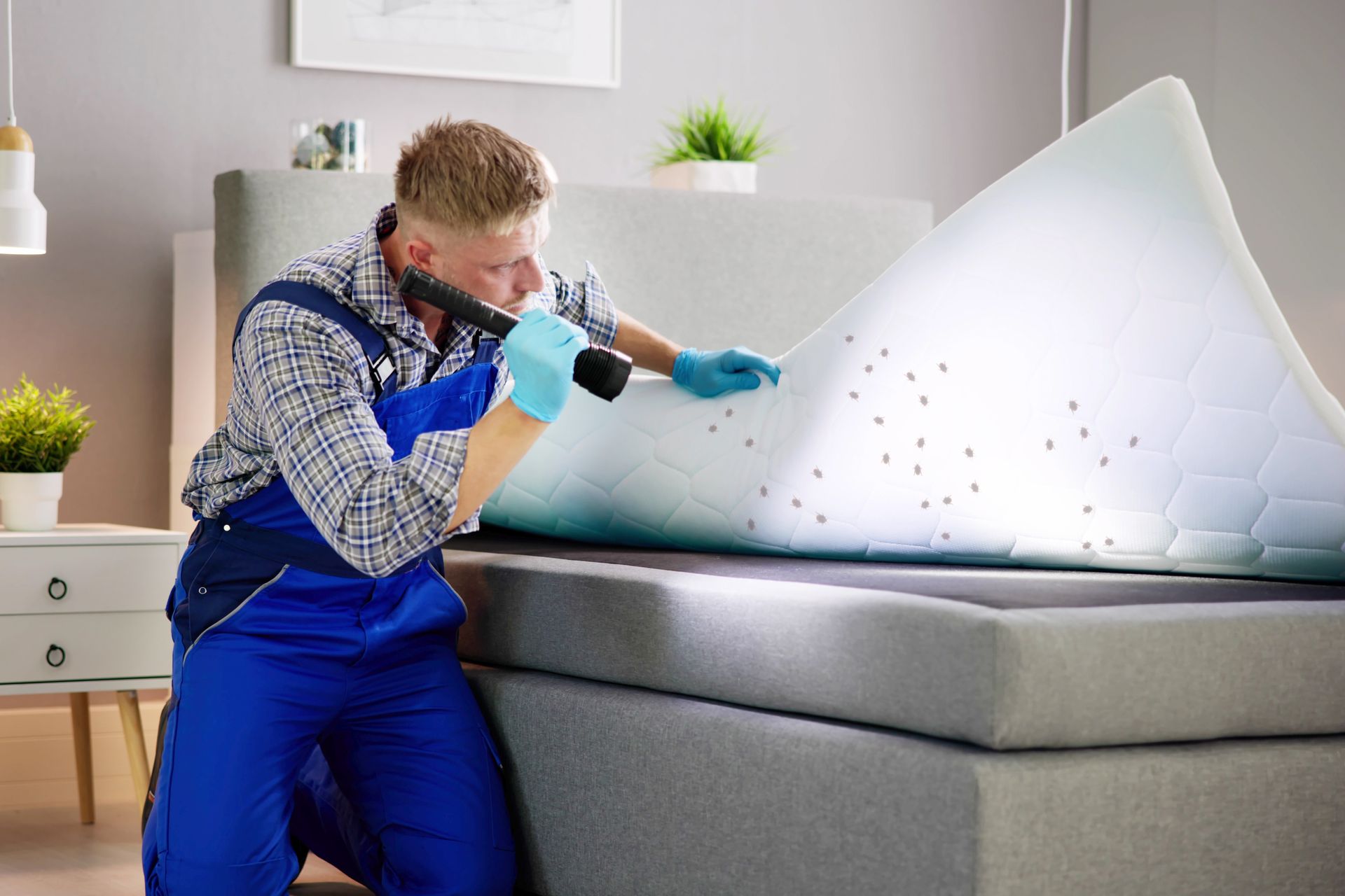 A man is kneeling on a bed looking at a mattress with a flashlight.