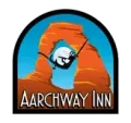 The logo for the aarchway inn shows a person riding a horse through a rock formation.