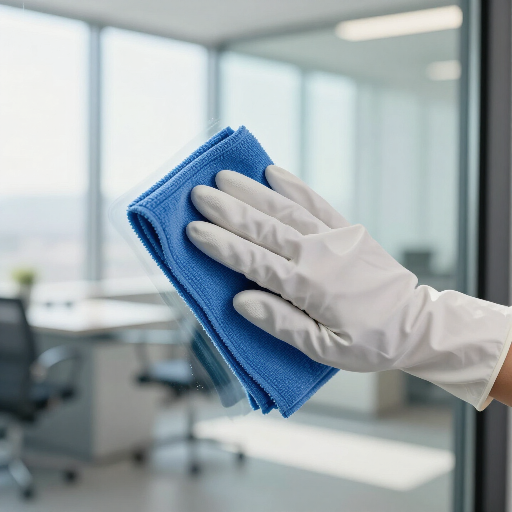 Gloved hand wiping an office surface with a blue cloth in a bright conference room