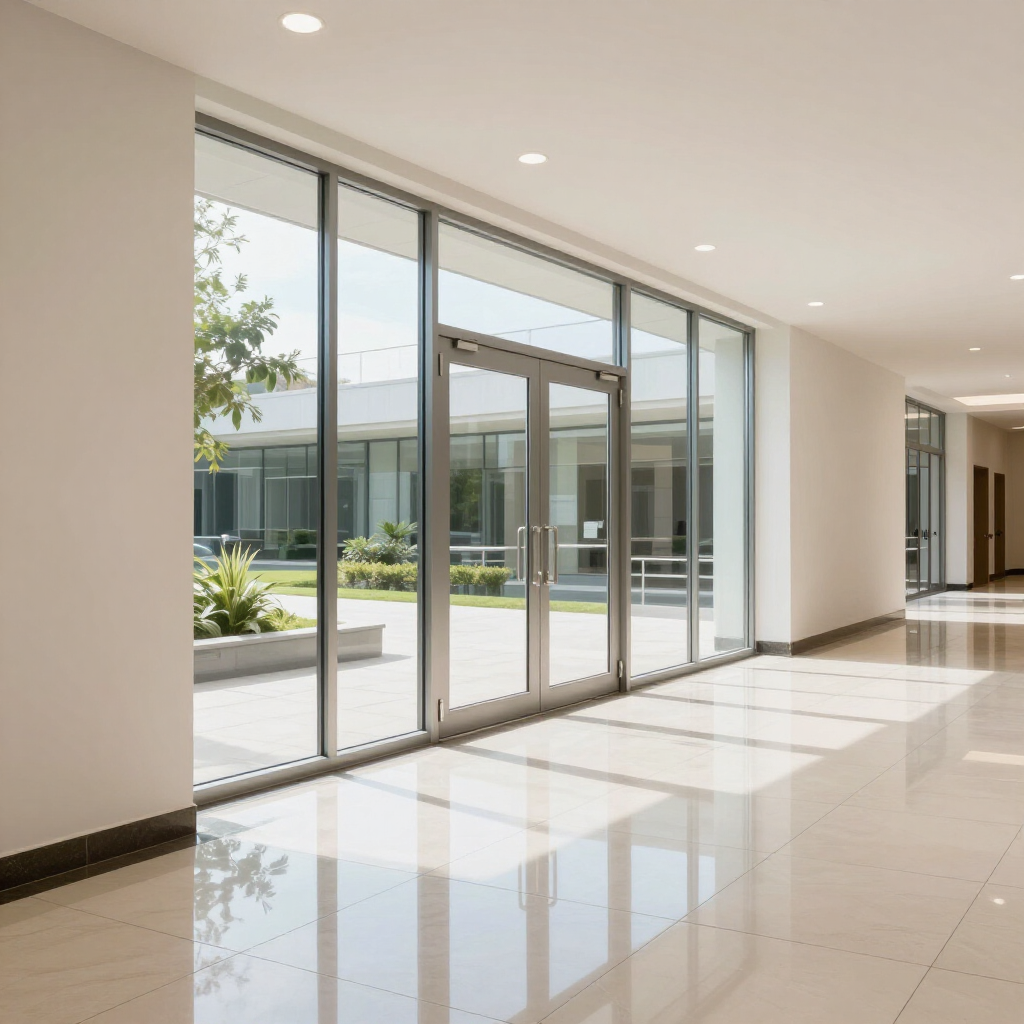 Bright modern hallway with floor-to-ceiling glass doors opening to a courtyard.