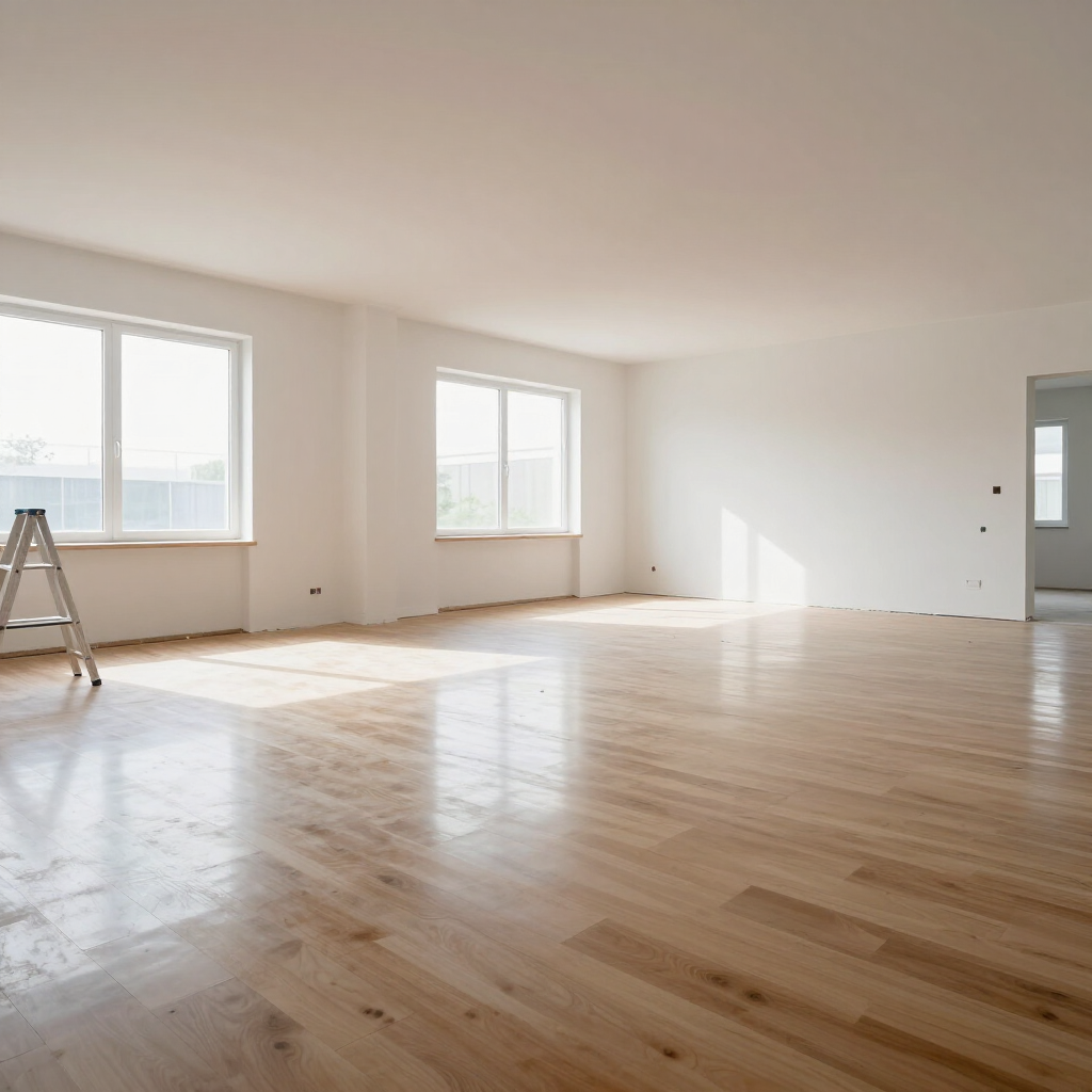 Bright empty living room with large windows, light wood floors, and a step ladder near the left wall