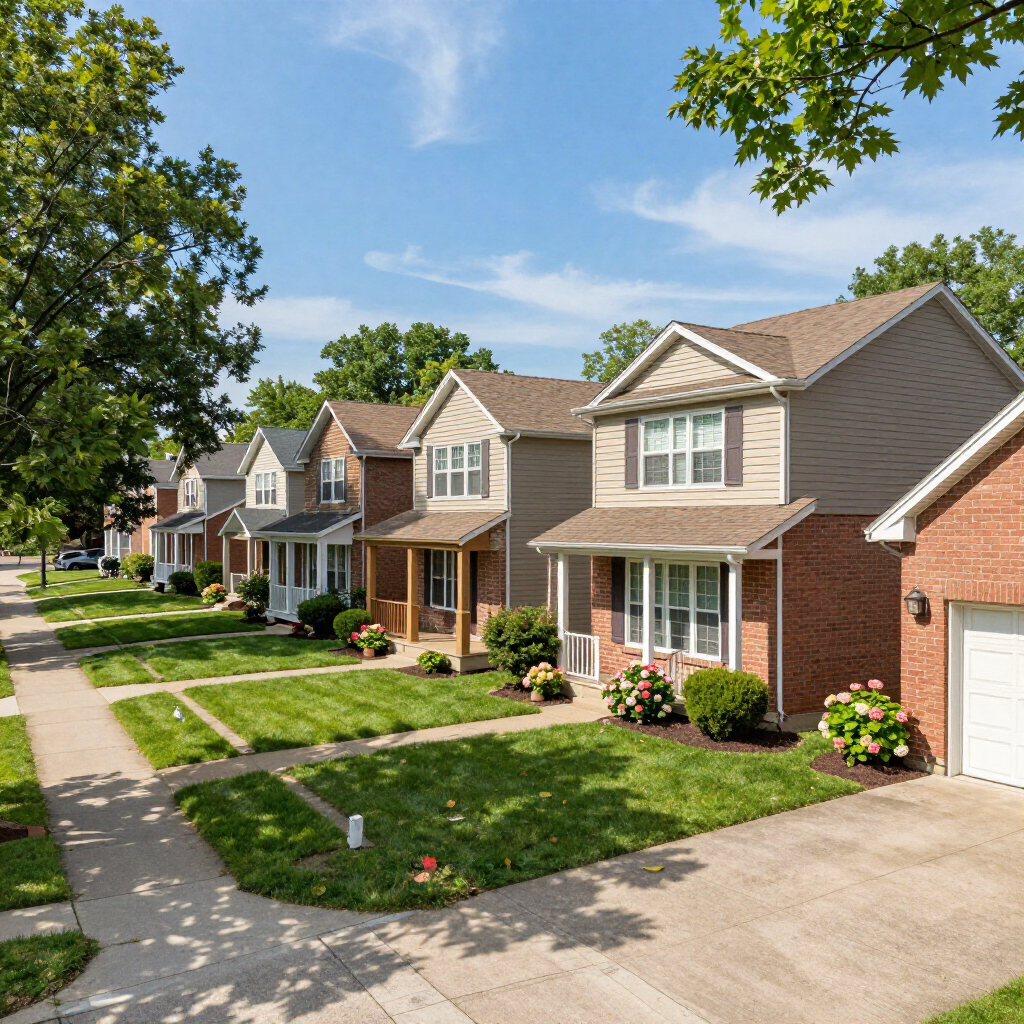 Suburban street with a row of two-story houses, green lawns, and a sidewalk under a blue sky