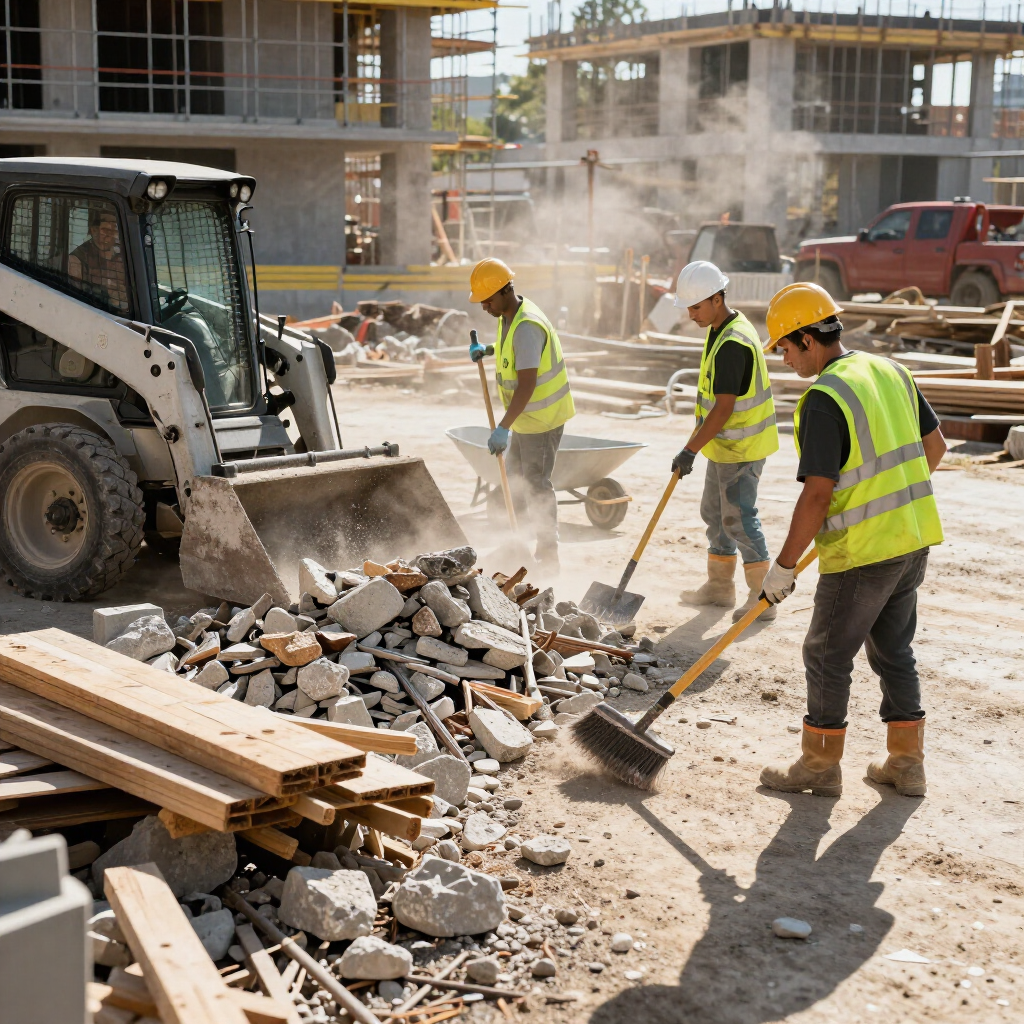 Construction workers in yellow vests and hard hats clear rubble beside a loader at a building site.