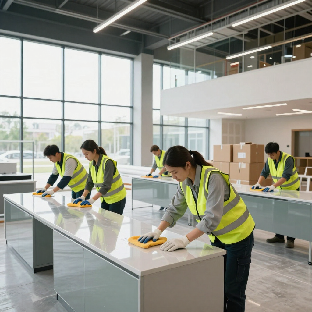 Workers in safety vests cleaning glass surfaces in a bright industrial workspace