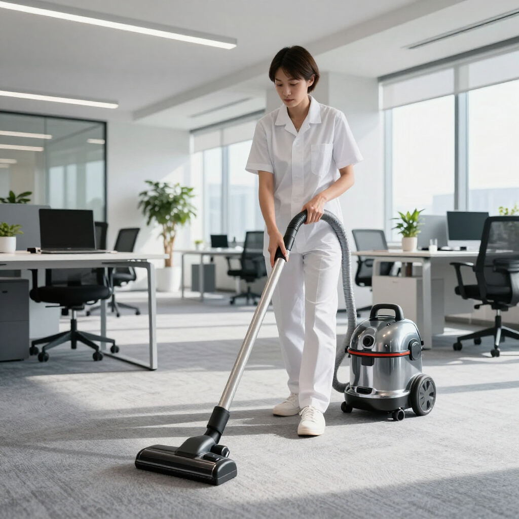 Person vacuuming a modern office with a canister vacuum and mop nearby, bright open workspace background