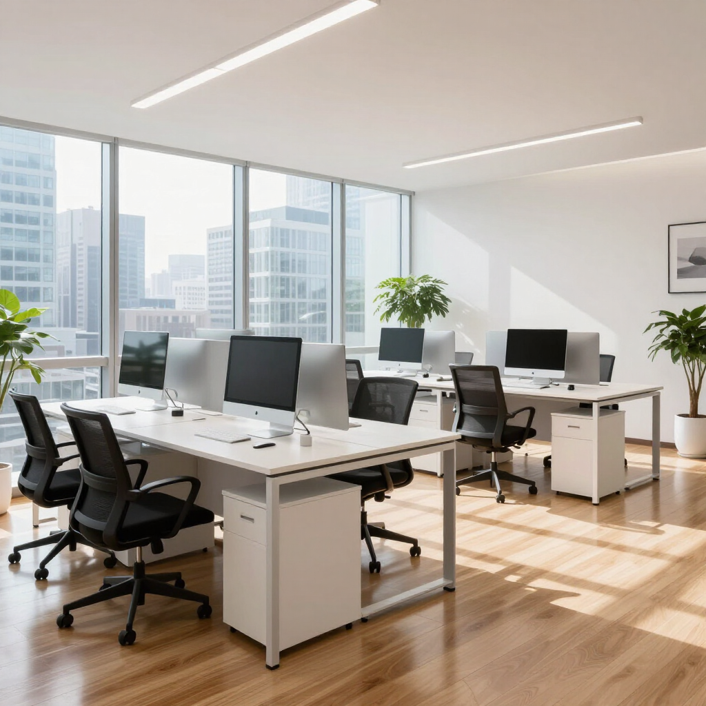 Bright modern office with desks, computer monitors, black chairs, and large sunlit windows overlooking city buildings