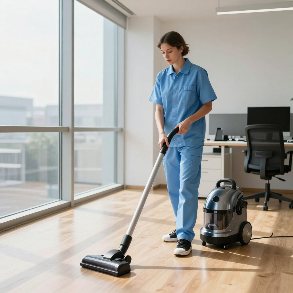 Person vacuuming a bright office with a canister vacuum and sunlight from large windows