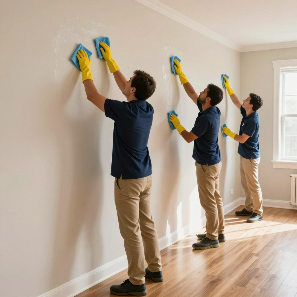 Three people in navy shirts and tan pants cleaning a wall with yellow sponges in a bright room