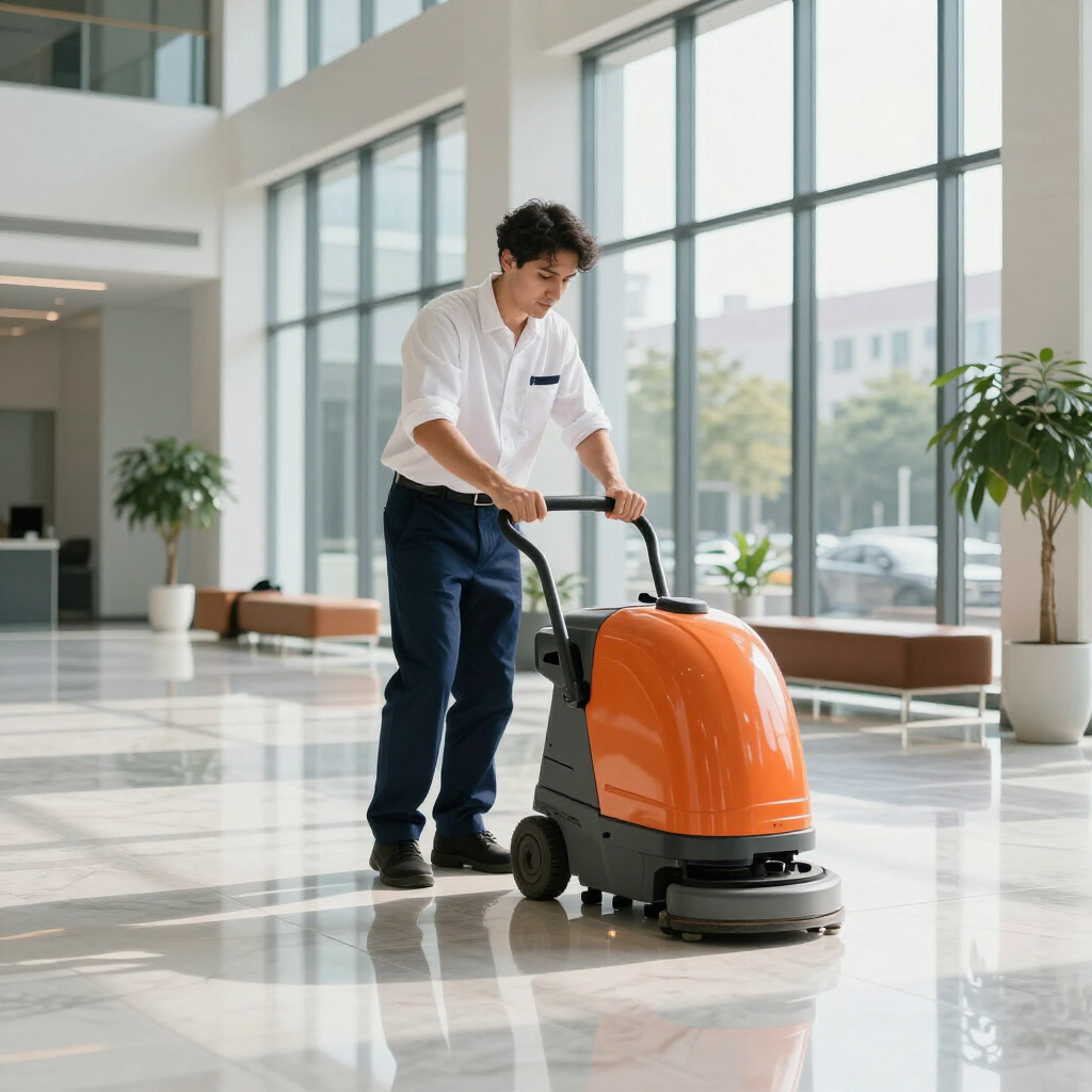 Worker using an orange floor scrubber in a bright office lobby