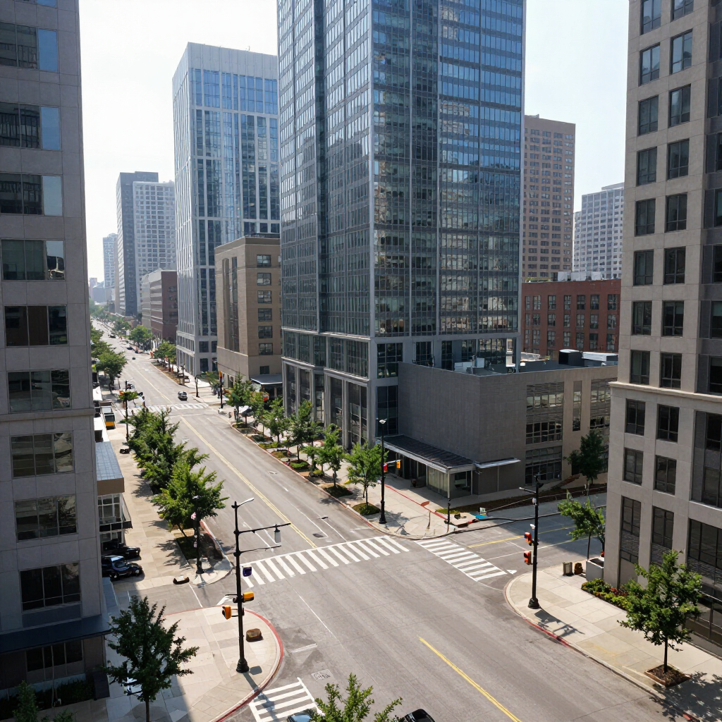 Downtown city street with tall glass office buildings and a crosswalk on a sunny day
