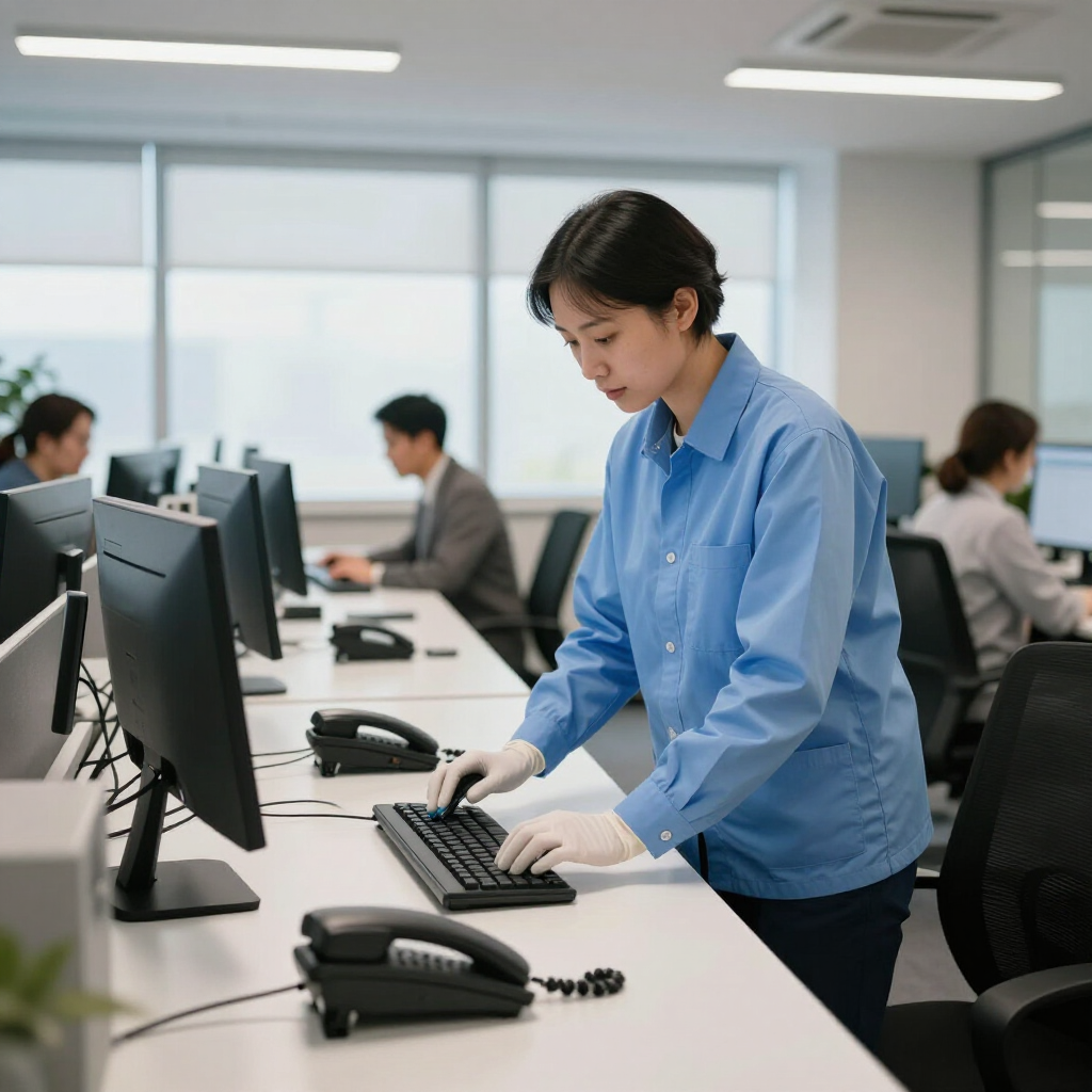 Woman in blue shirt typing at a desk in a bright office with coworkers and computer monitors nearby