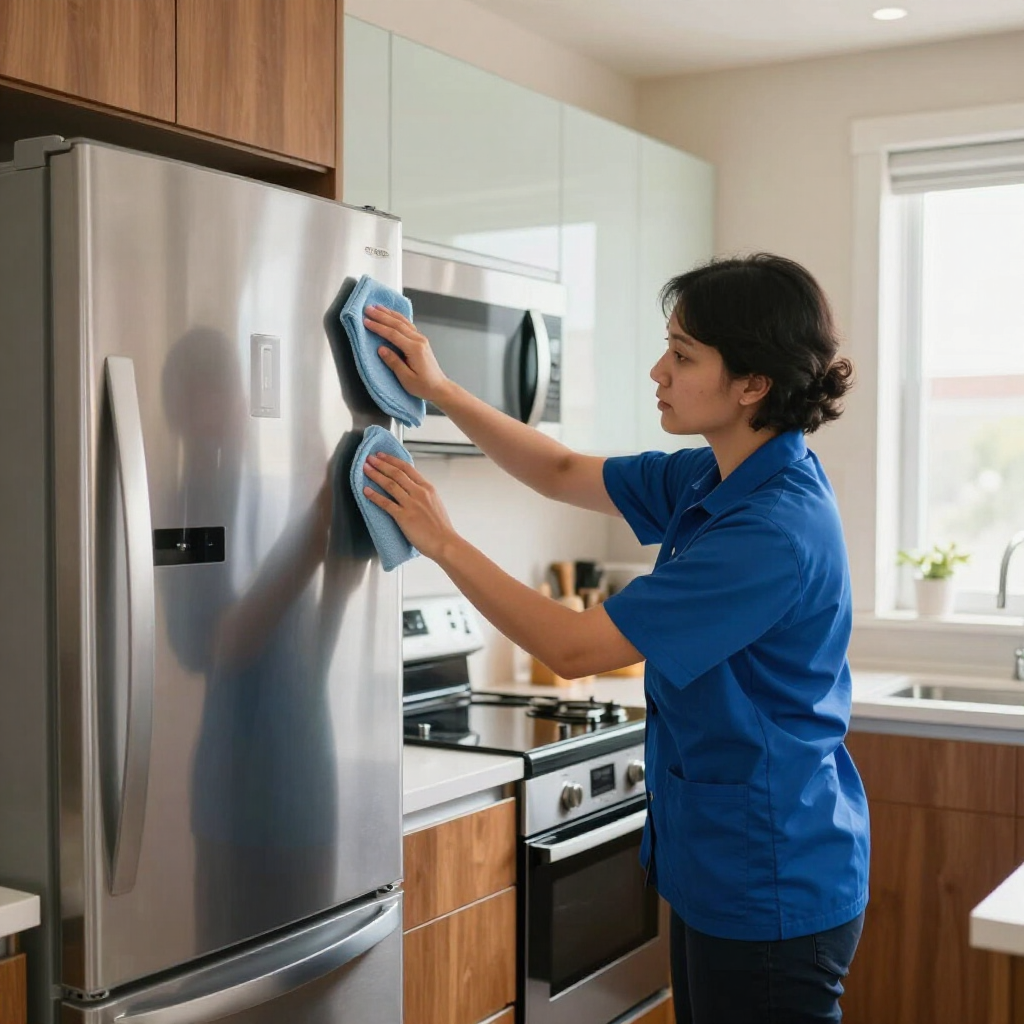 Person in blue uniform cleaning a stainless steel refrigerator in a bright kitchen