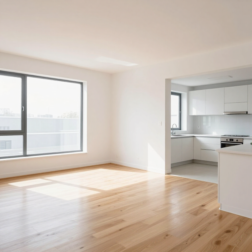 Bright empty apartment room with hardwood floors, large windows, and a white kitchen nook