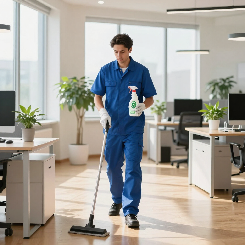 Janitor in blue uniform cleaning an office floor with a mop and spray bottle