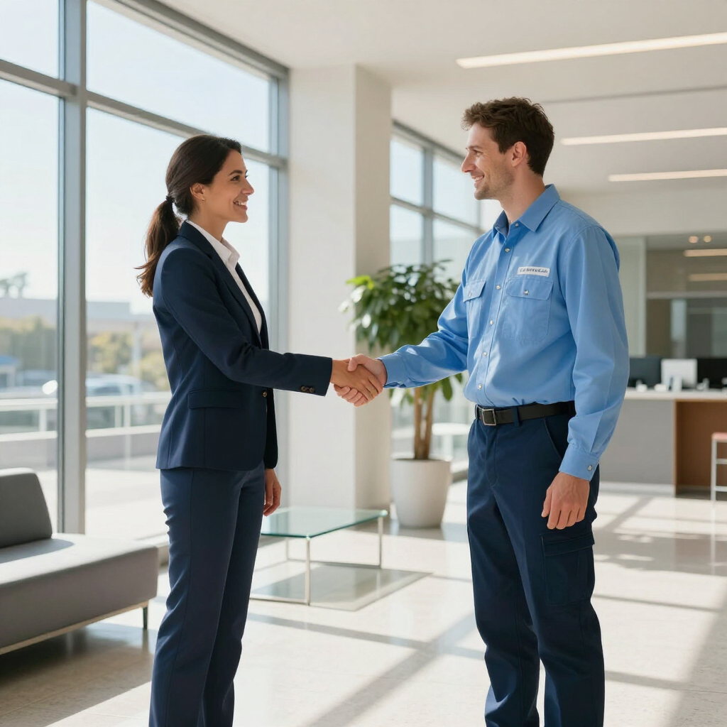 Two professionals shaking hands in a bright modern office lobby