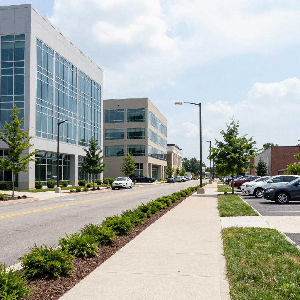 Modern office buildings along a quiet street with parked cars and a sidewalk under a bright sky