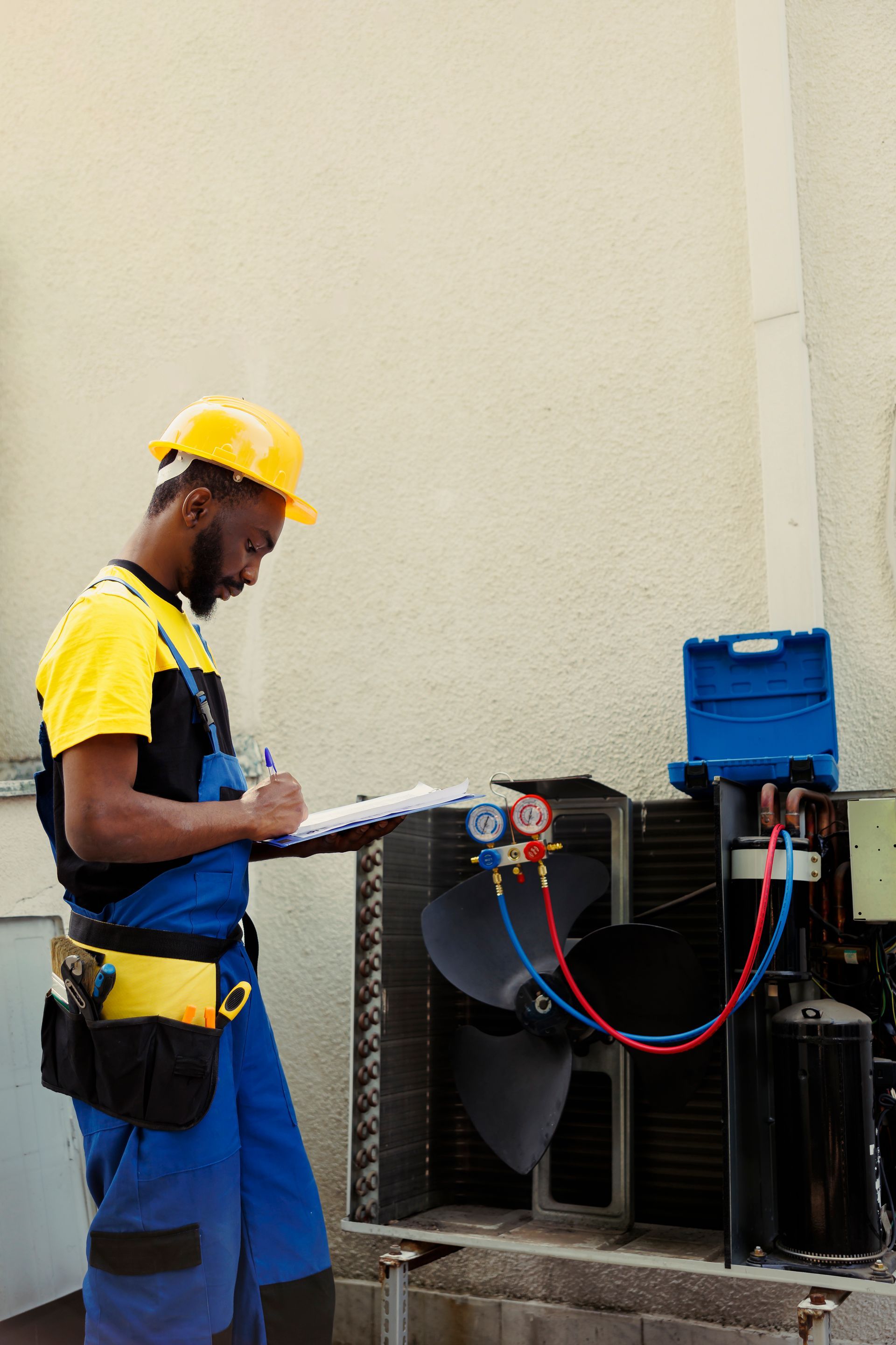 A man in a hard hat is standing next to a fan and writing on a clipboard.