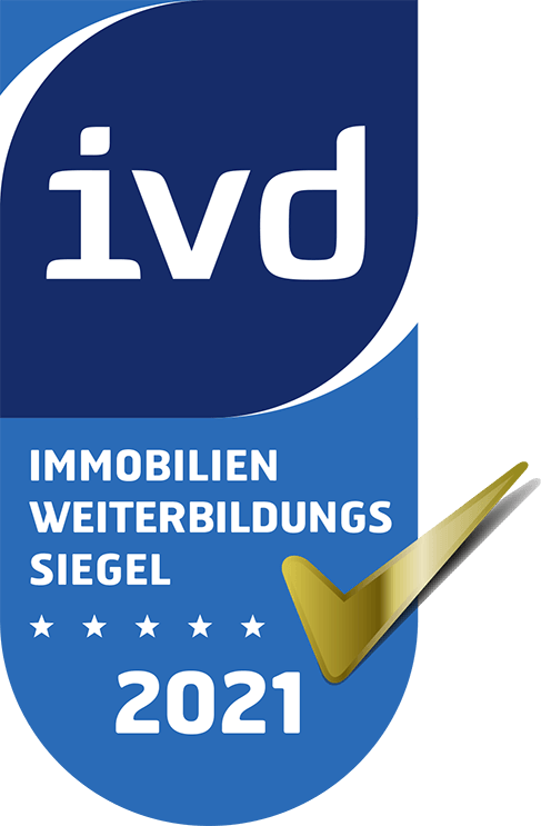 A blue and white logo for ivd immobilien weiterbildungs siegel 2021