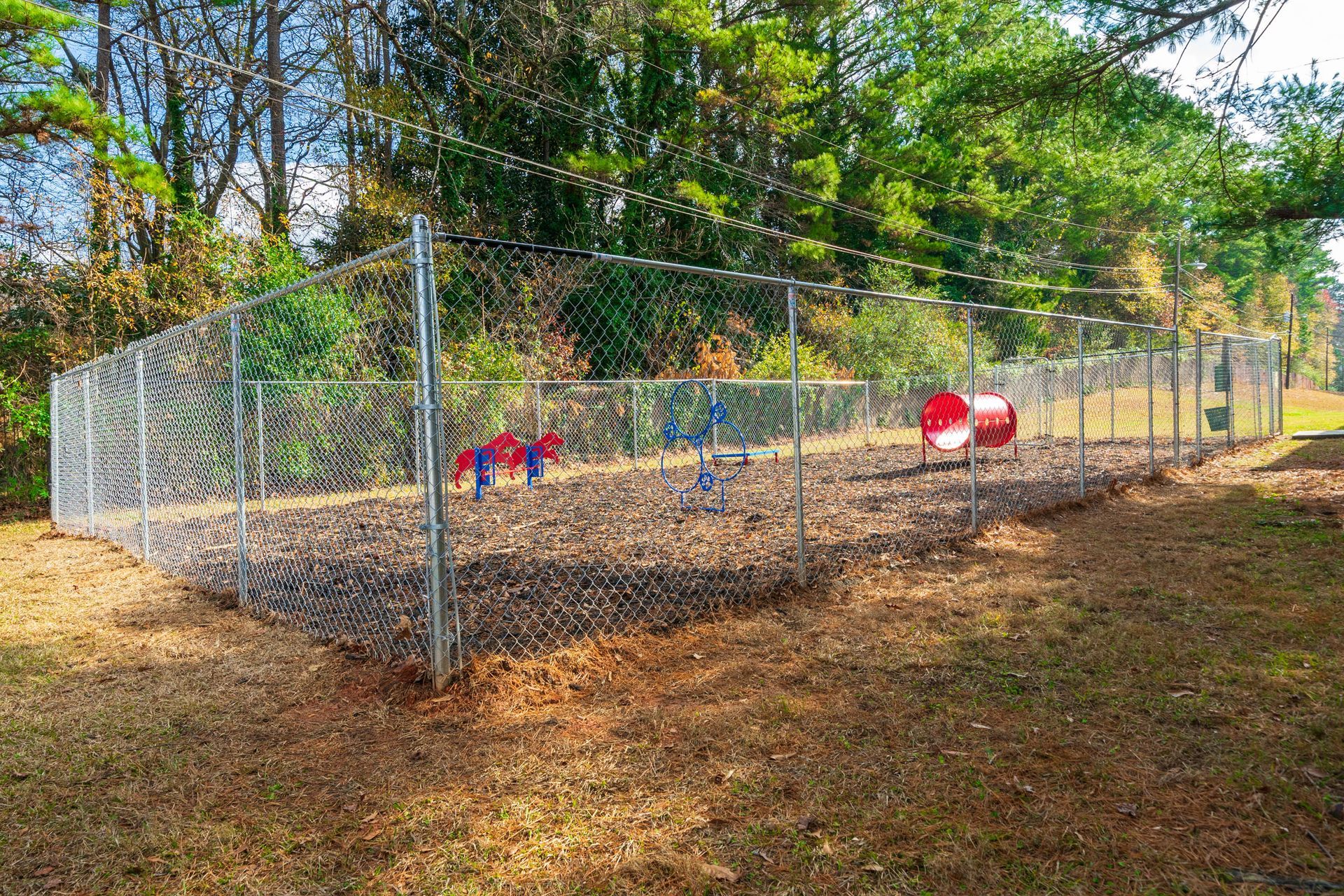 Chain-link fenced outdoor playground with red and blue play structures on wood chips, surrounded by trees