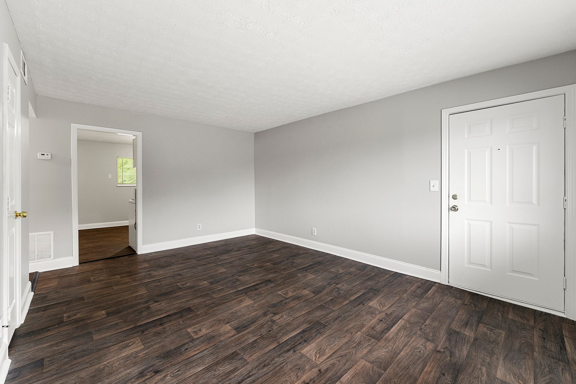 Empty gray room with dark wood floor, white trim, and two white doors.