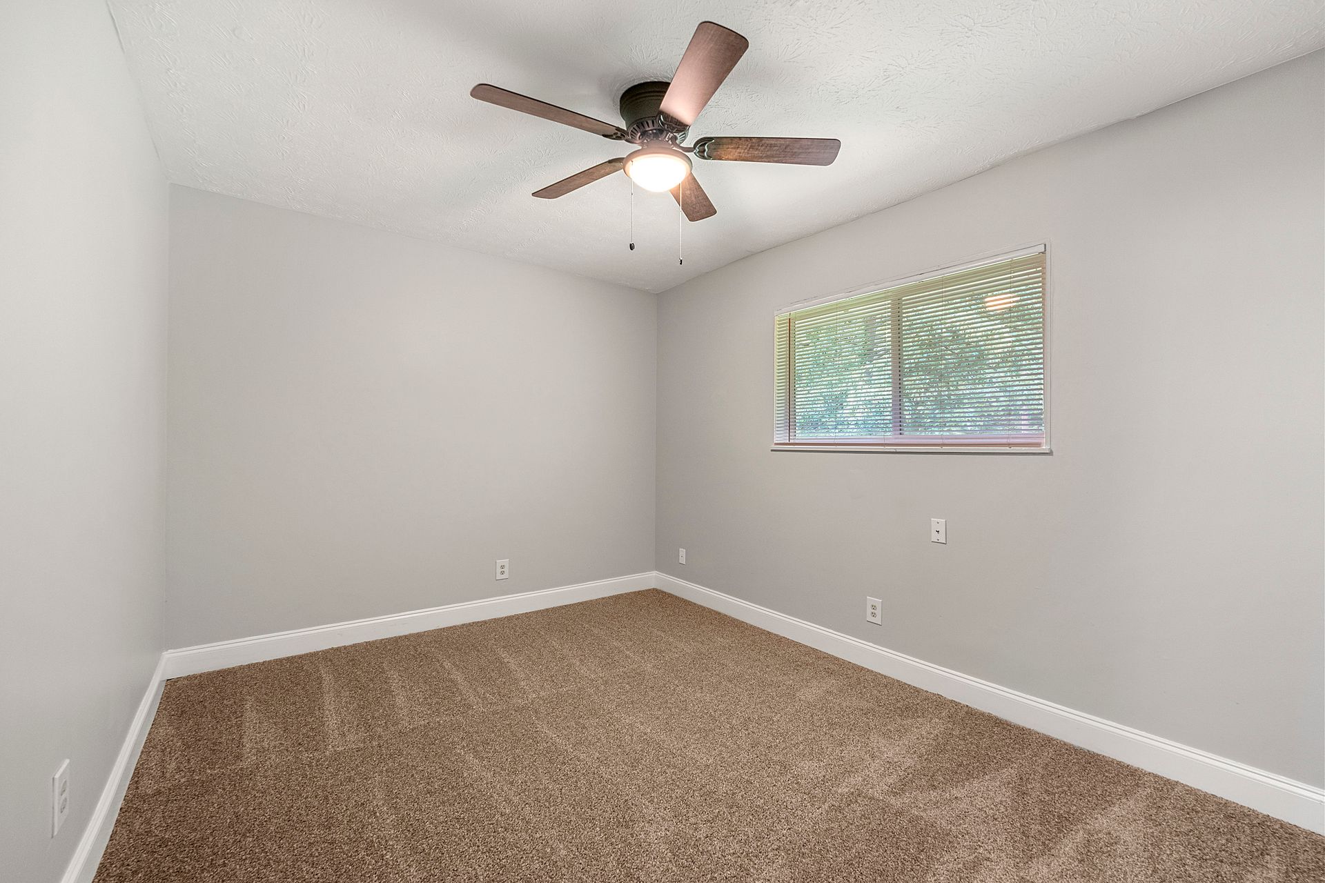 Empty gray bedroom with beige carpet, ceiling fan, and small window with blinds