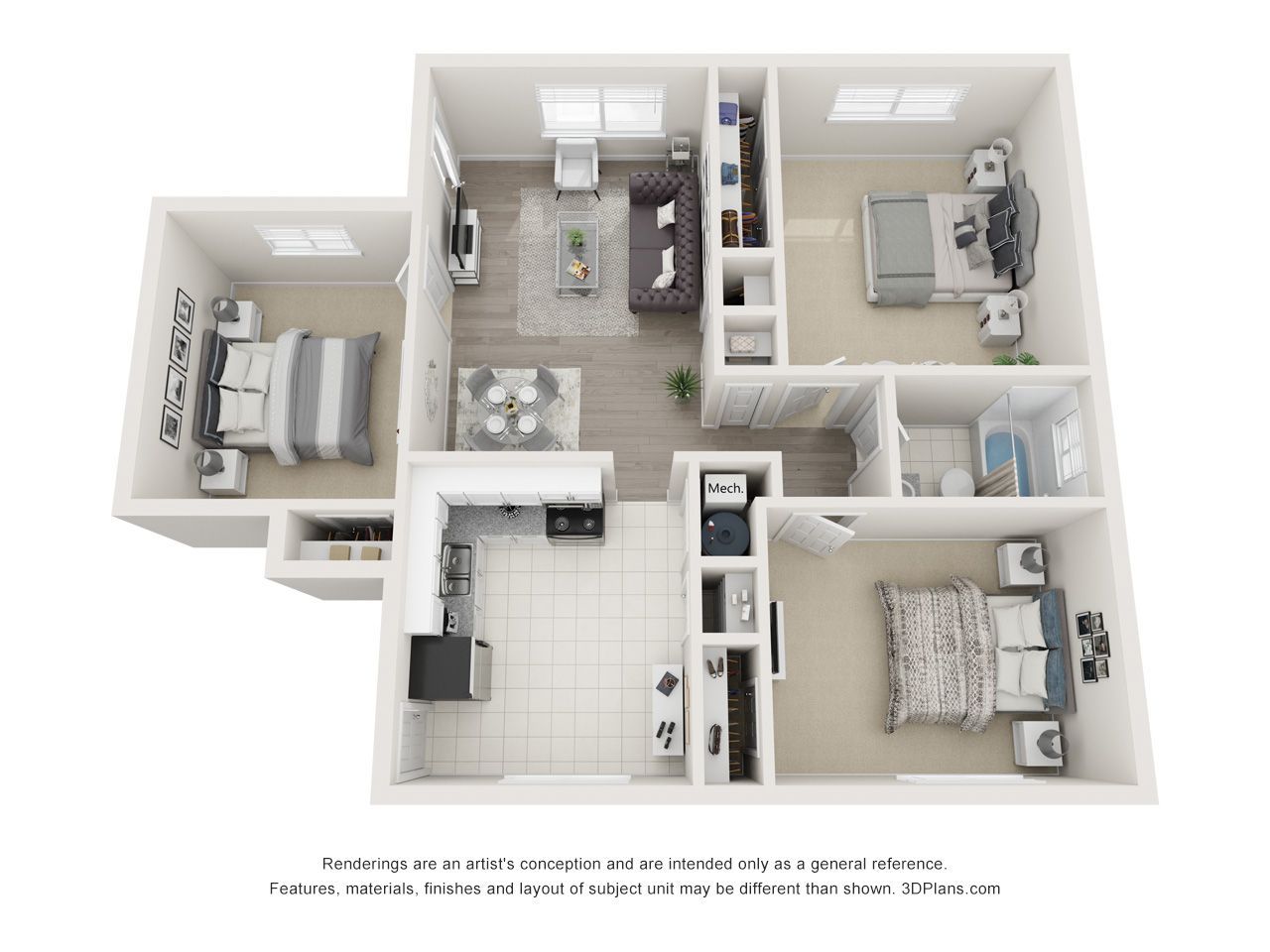 3D floor plan of a two-bedroom apartment with living room, kitchen, and bathroom, shown in white and gray tones
