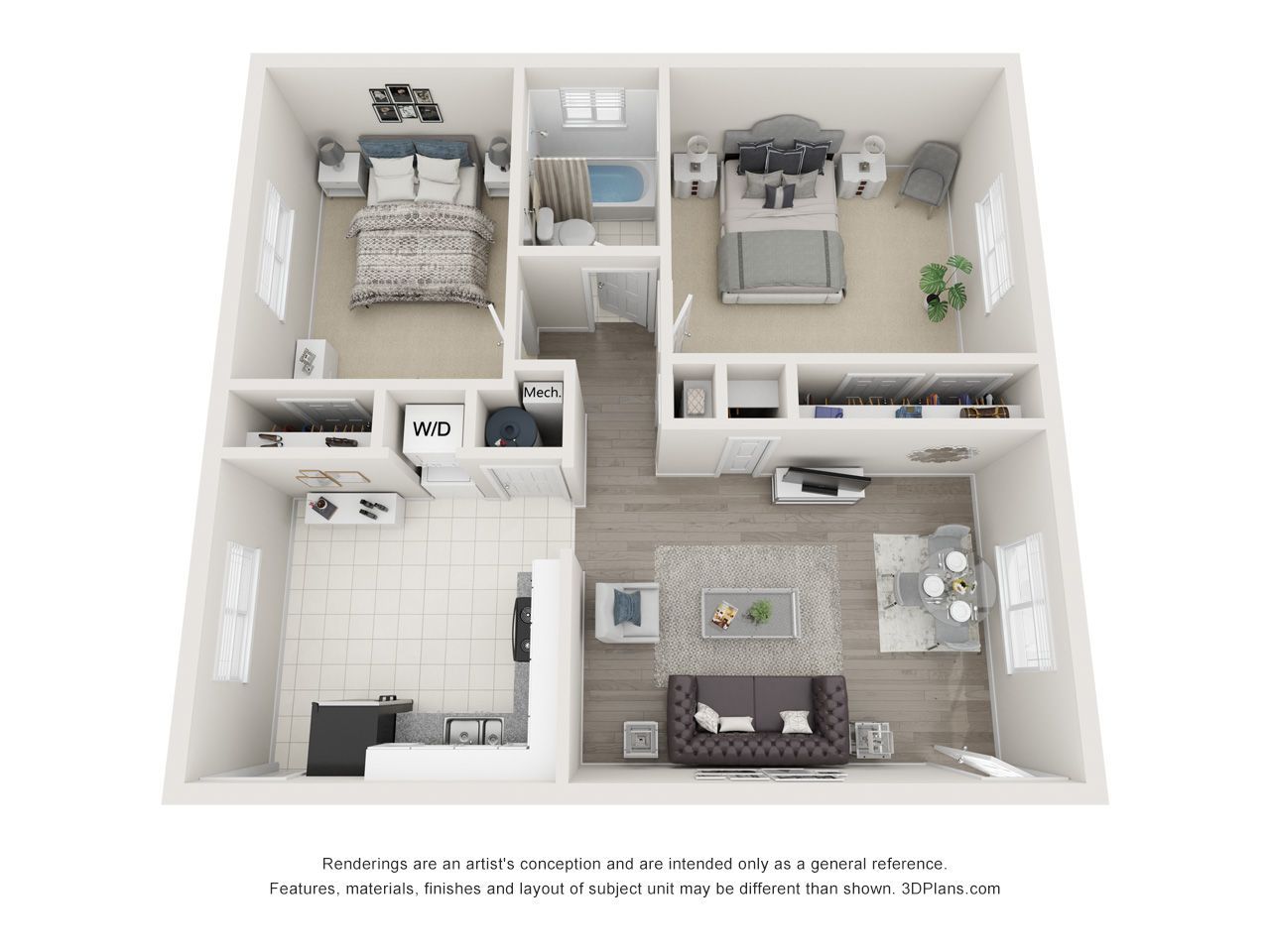 Top-down 3D floor plan of a small apartment with two bedrooms, a living room, kitchen, and bathroom