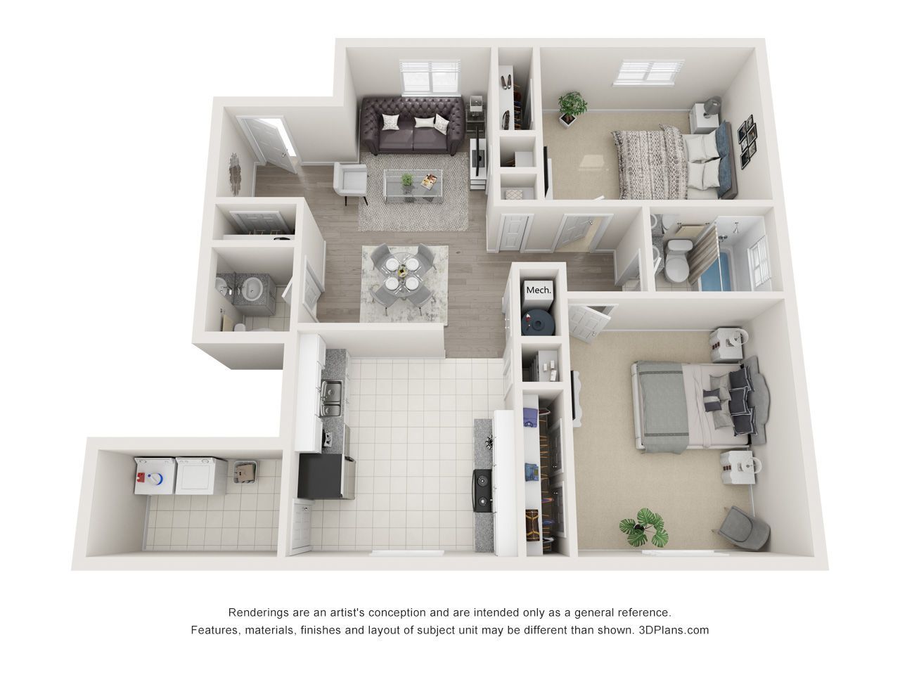 3D floor plan of a small apartment with living room, bedroom, kitchen, bathroom, and balcony.